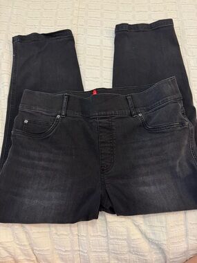 SPANX Jeans Women Black Dark Wash Straight Leg High Rise Stretch Denim Pull On